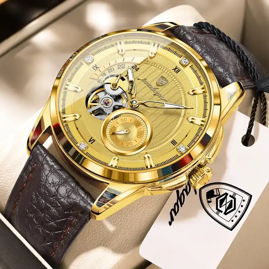 Poedagar 1427 Men's Automatics Leather Watch Gold