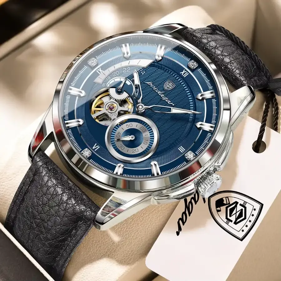 Poedagar 1427 Men's Automatics Leather Watch Silver Blue