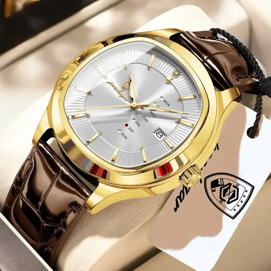 Poedagar 623 Men's Leather Watch Gold White