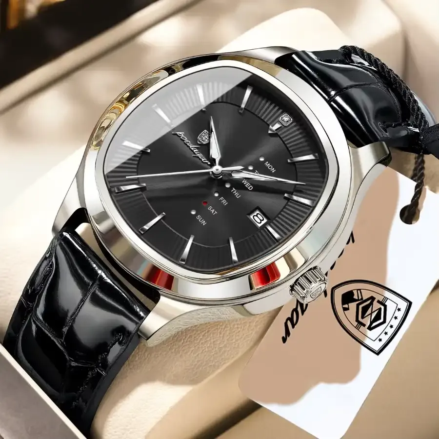 Poedagar 623 Men's Leather Watch Silver Black