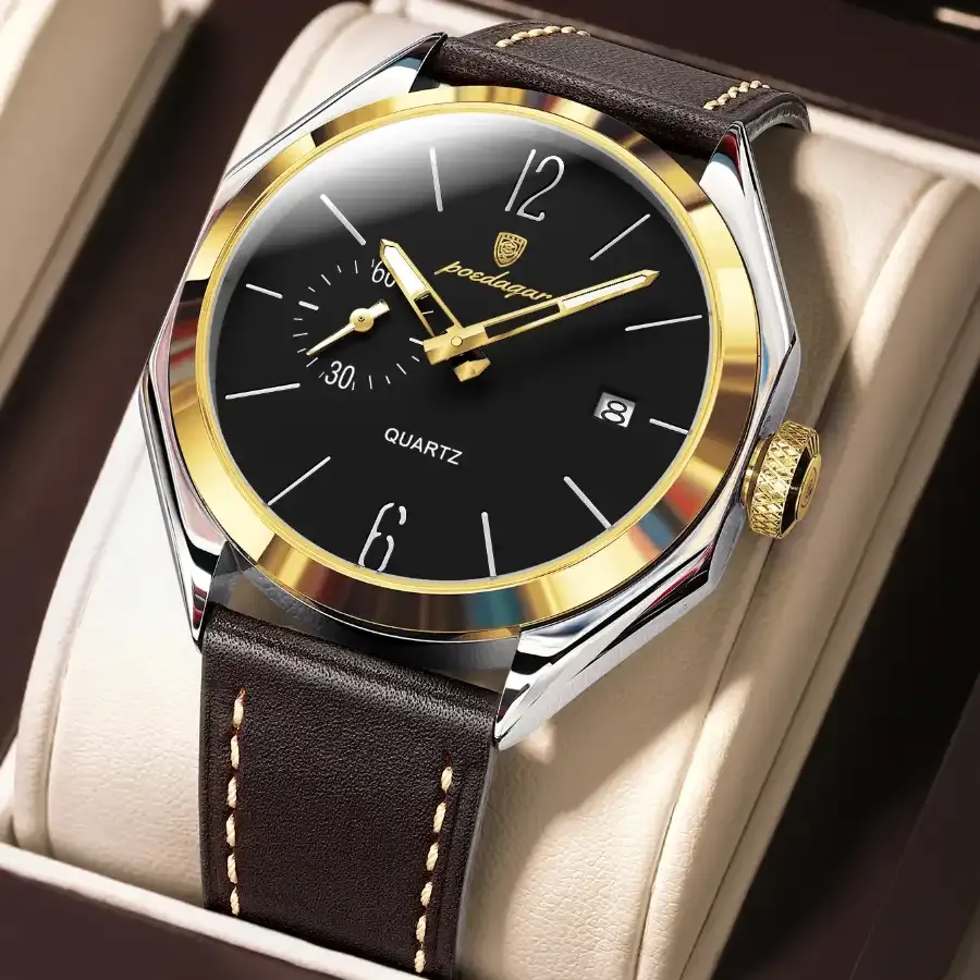 Poedagar 689 Leather Men's Watch Gold Black