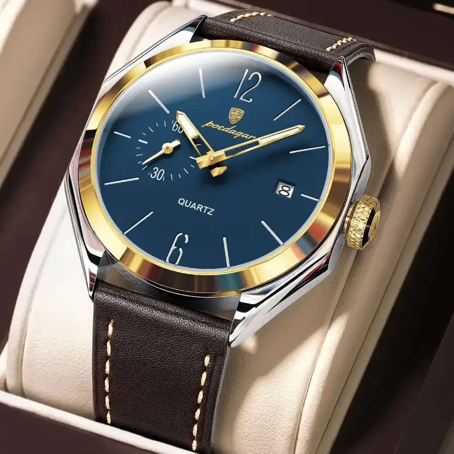 Poedagar 689 Leather Men's Watch Gold Blue