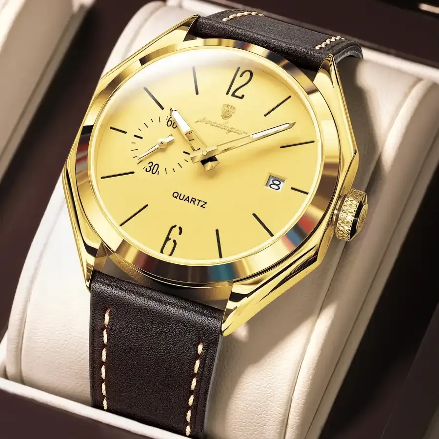Poedagar 689 Leather Men's Watch Gold Gold