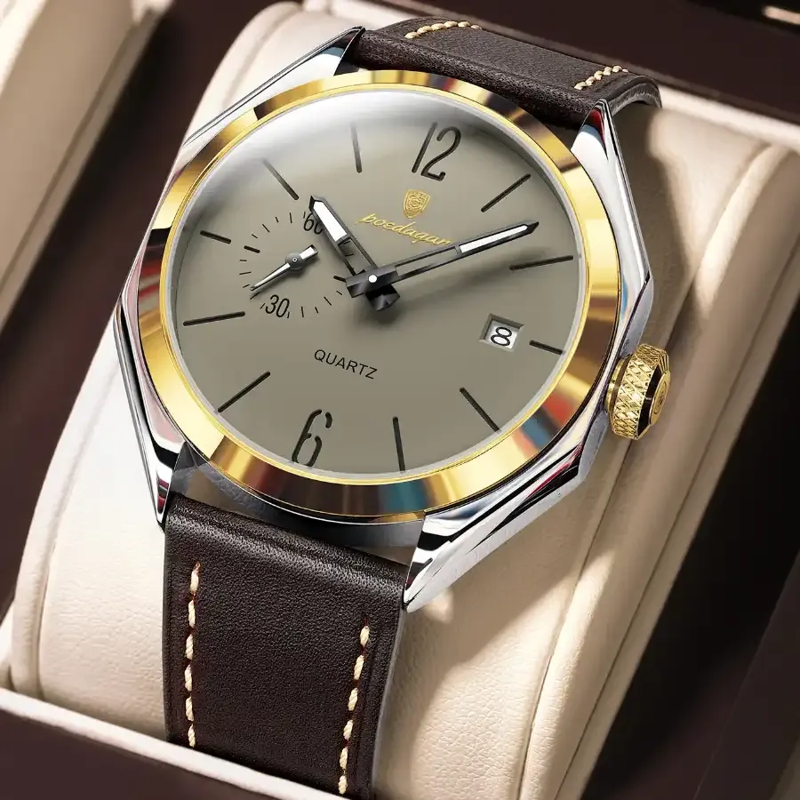Poedagar 689 Leather Men's Watch Gold Grey