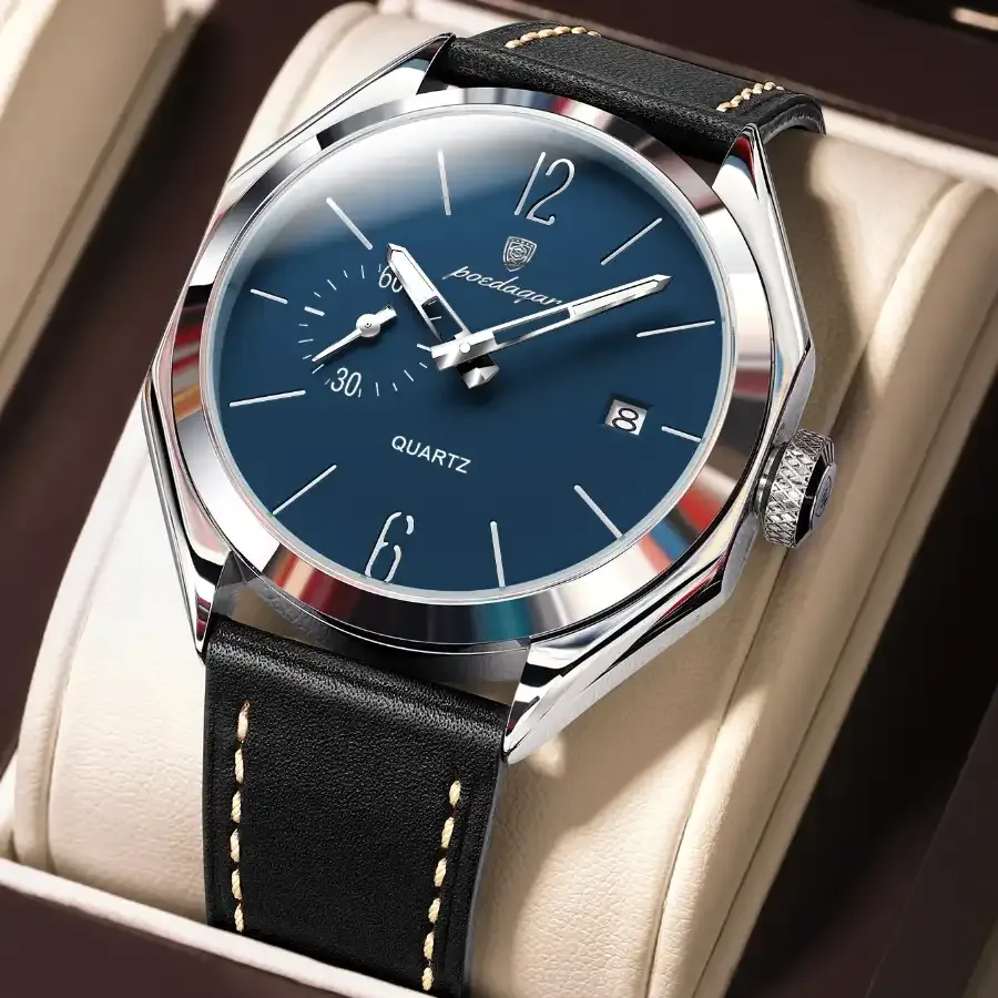 Poedagar 689 Leather Men's Watch Silver Blue