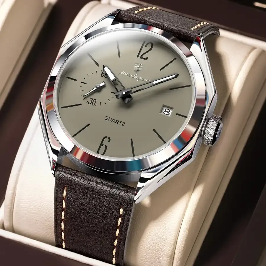 Poedagar 689 Leather Men's Watch Silver Grey