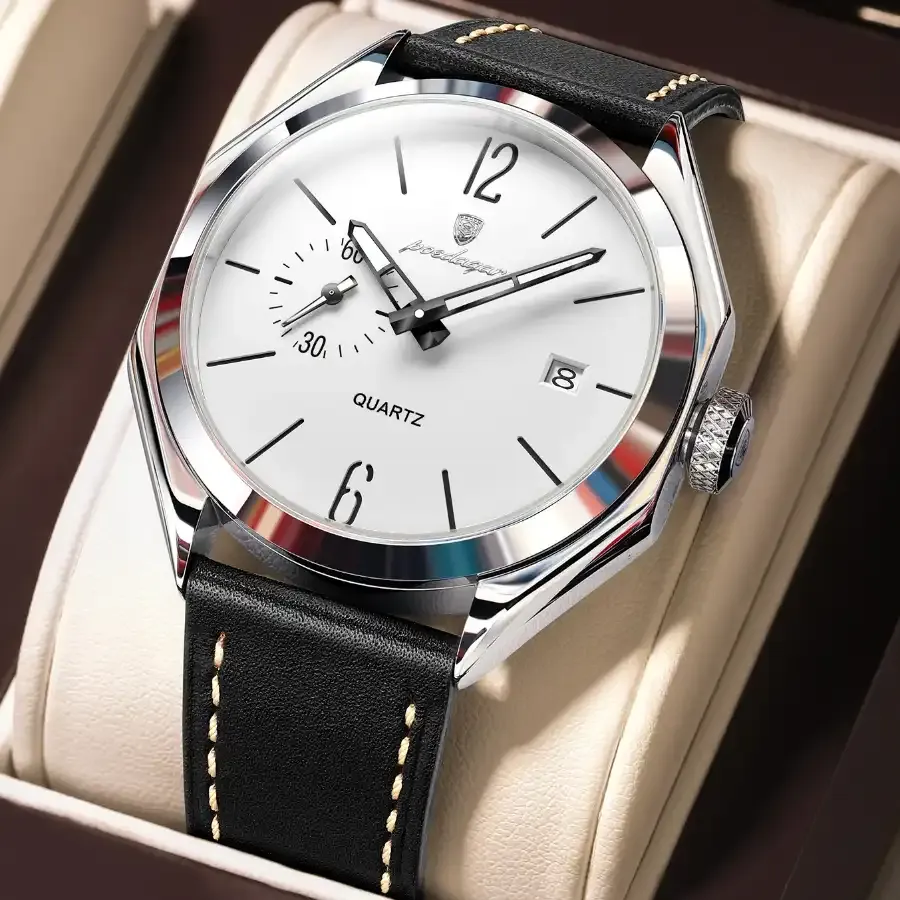 Poedagar 689 Leather Men's Watch Silver White