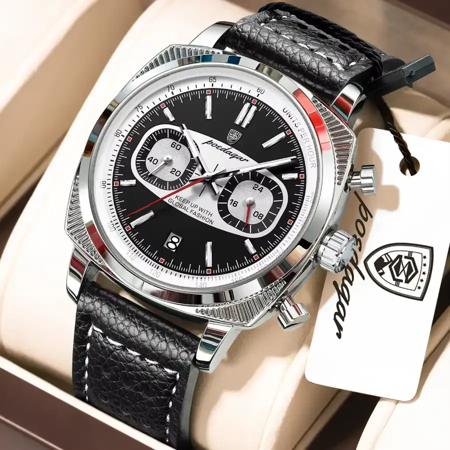Poedagar 838 Leather Watch Silver Black