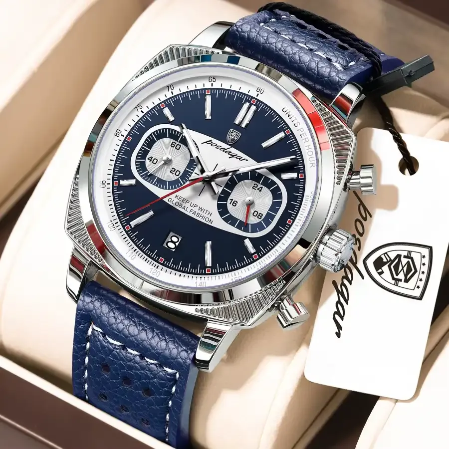 Poedagar 838 Leather Watch Silver Blue