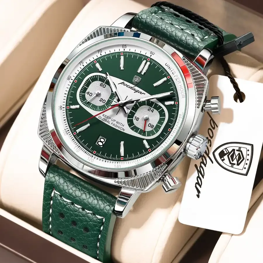 Poedagar 838 Leather Watch Silver Green